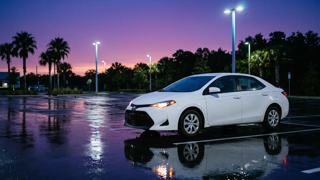 White 2019 Toyota Corolla on a wet lot at dusk