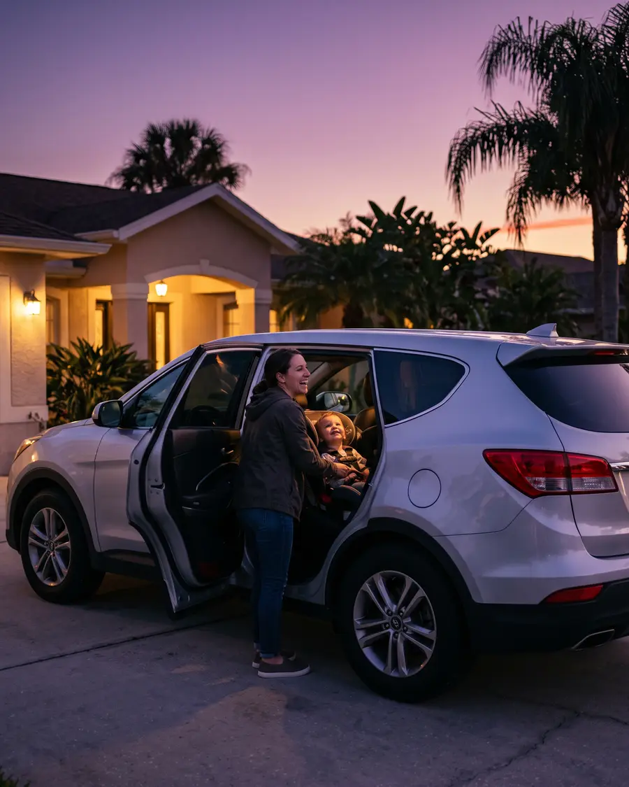 A mother buckling her toddler into a silver crossover in the driveway at dusk