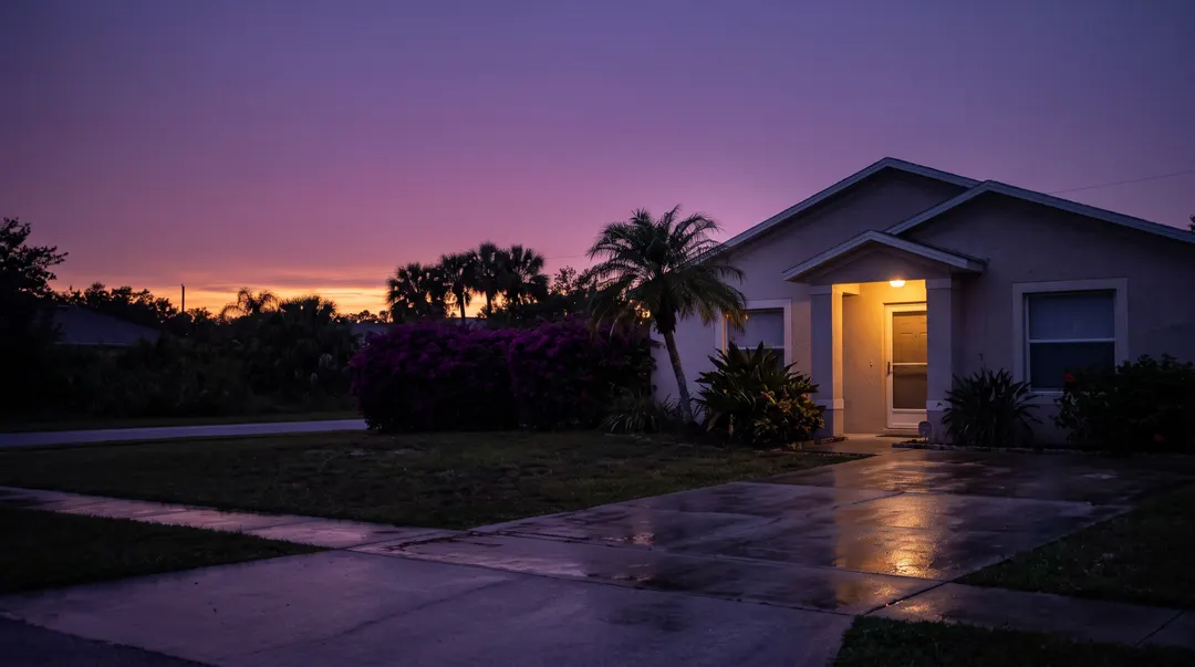 A Florida home with an empty wet driveway at dusk