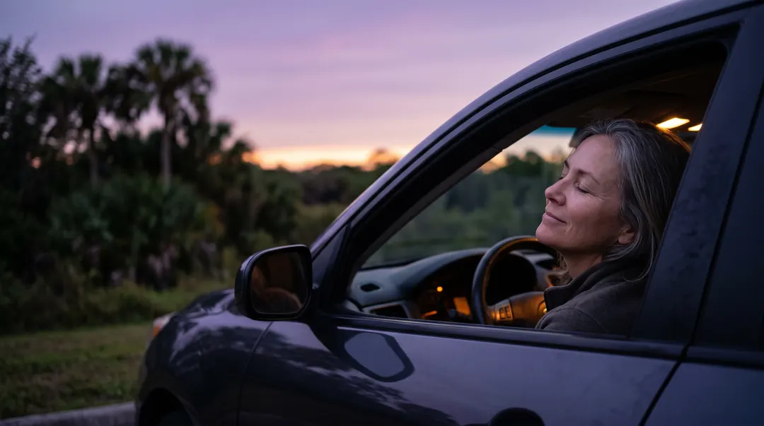 A woman smiling with her eyes closed in the driver's seat at dusk