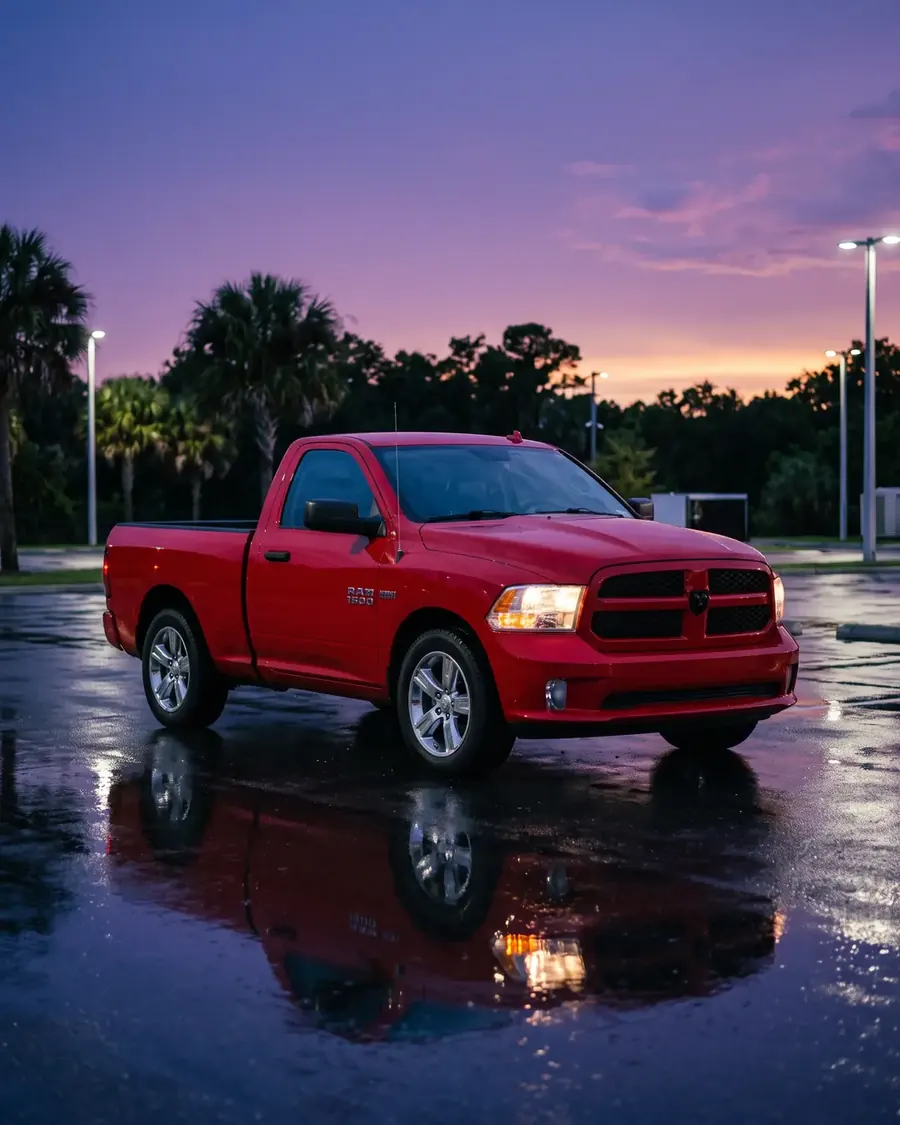 Red 2021 Ram 1500 regular cab on a wet lot at dusk, headlights on, palms behind