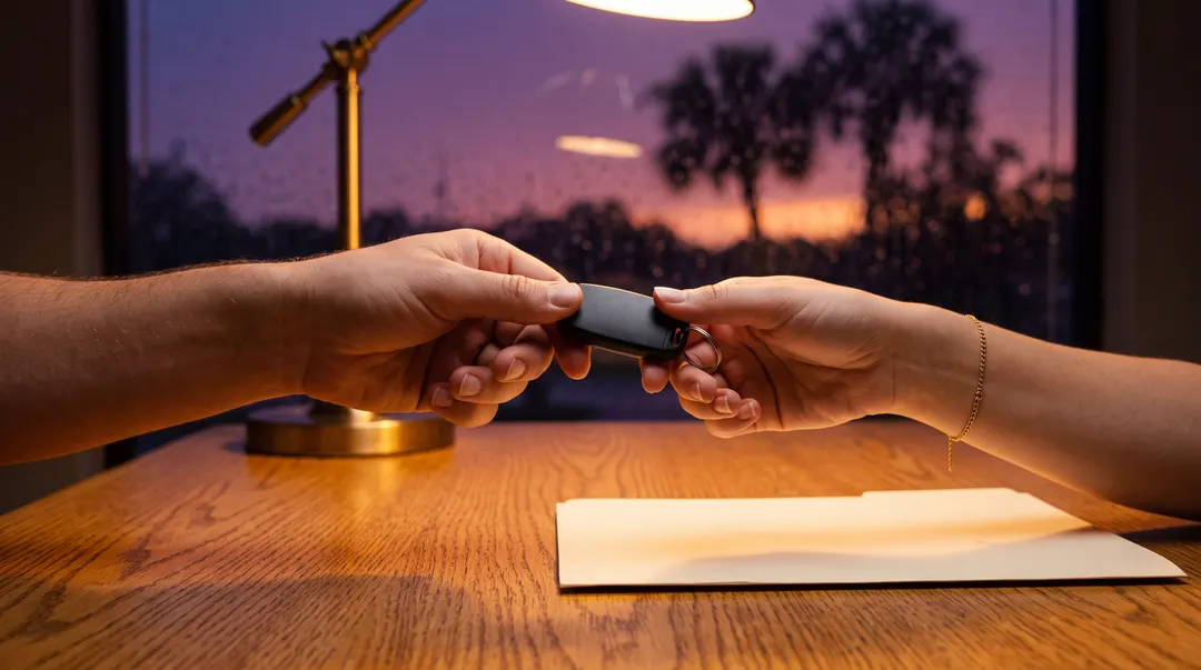 Two hands passing a car key across a desk at dusk
