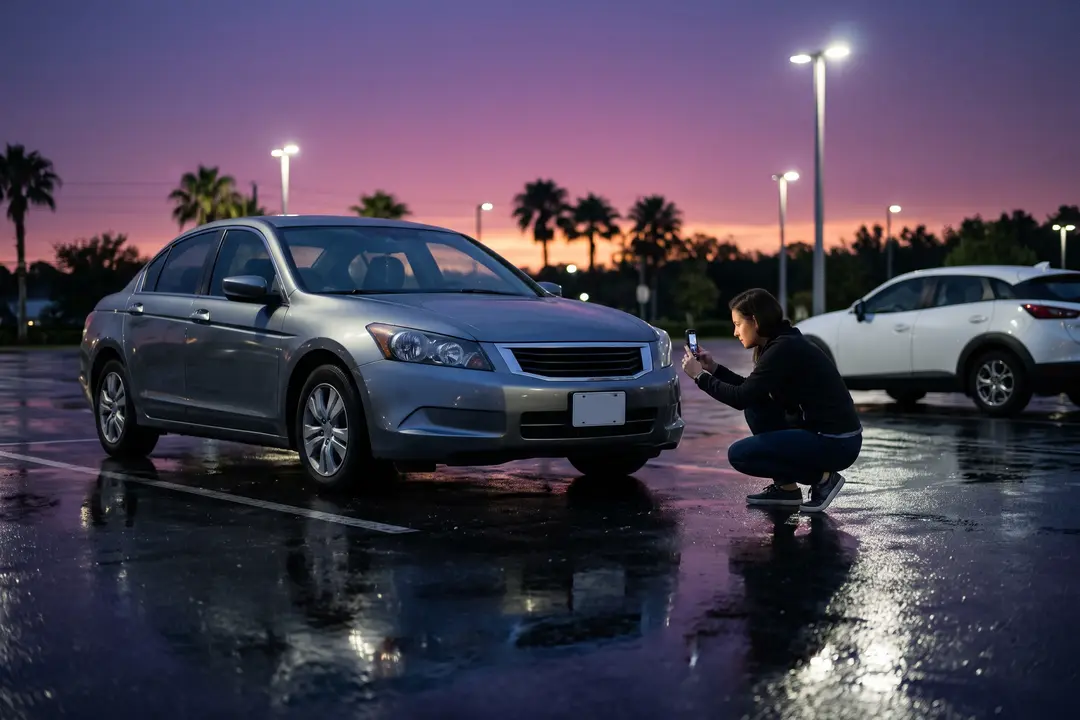A woman photographing her grey sedan with her phone on a wet lot at dusk