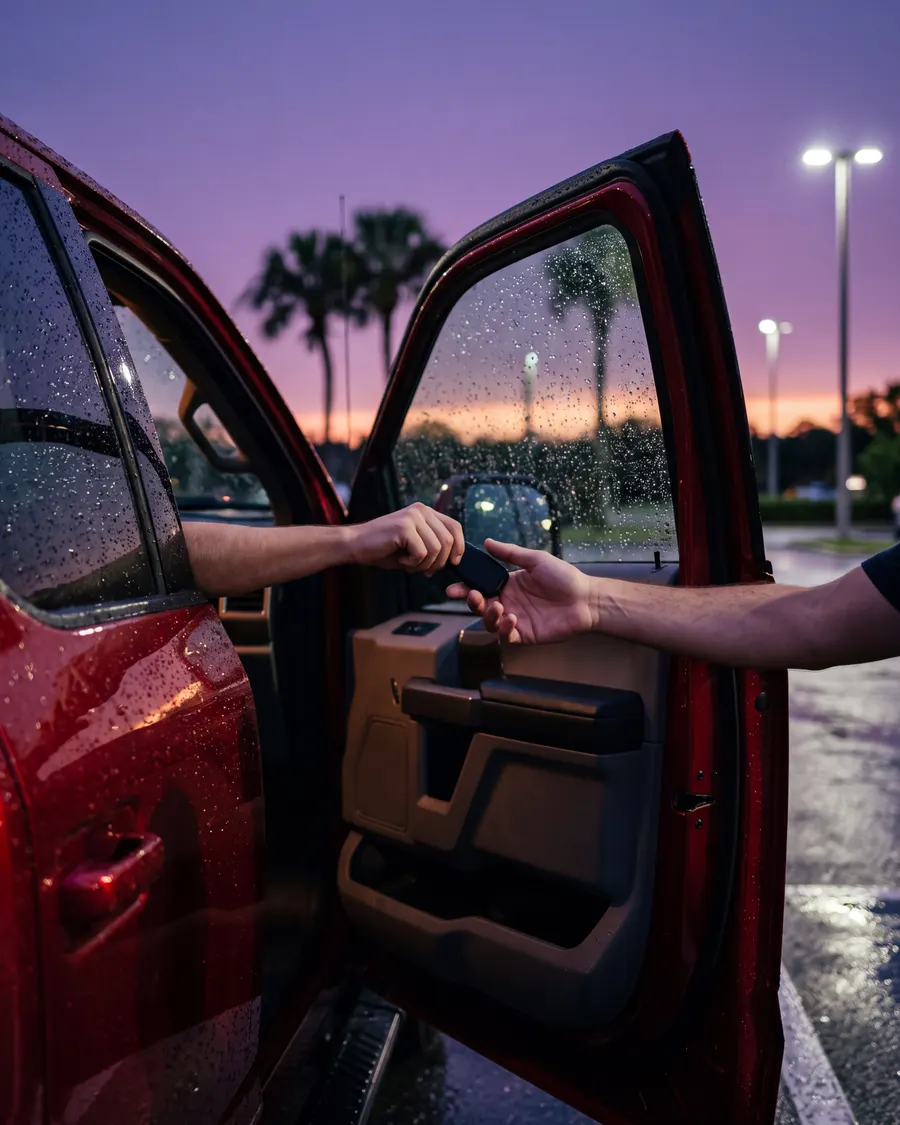 A car key handed over beside a pickup truck at dusk